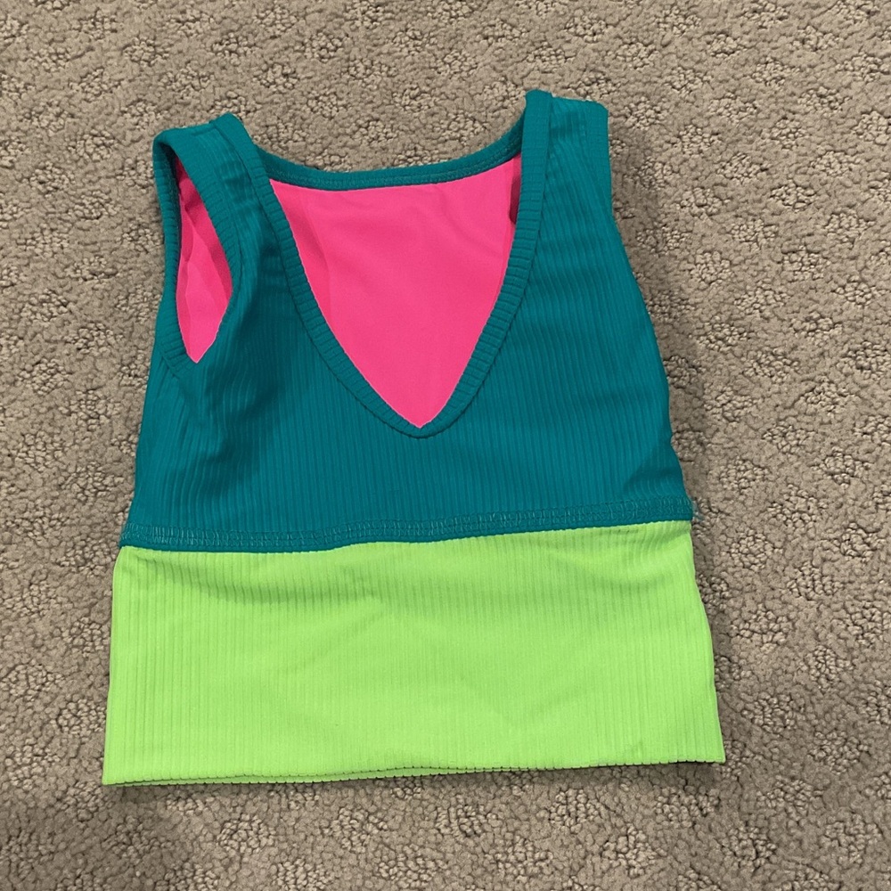 Tiger Friday Teal, Hot Pink & Neon Green Colorblock Ribbed Crop Top 0329